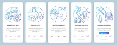 Mobil uygulama sayfası ekran vektör şablonuna binen çevresel sorunlar. Biyolojik çeşitlilik kaybı. Mavi doğrusal çizimler ile Walkthrough web sitesi adımları. Ux, Ui, Gui akıllı telefon arayüz konsepti