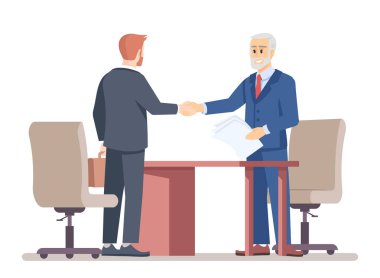 Kıdemli patron çalışan düz vektör illüstrasyon işe. Başarılı ortak görüşmeleri. İş teklifi. Üst yönetici yeni işçi ile el sıkışma, iş arayan beyaz arka plan üzerinde izole çizgi film karakterleri