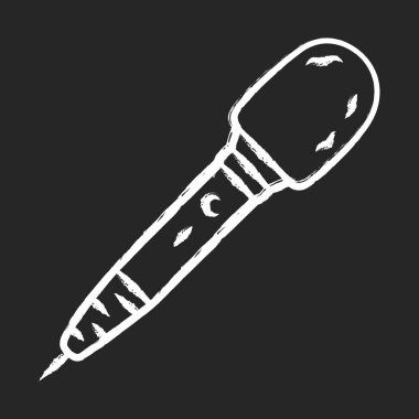Mikrofon tebeşir simgesi. Televizyon haberciliği. Haber yayını. Profesyonel mikrofon, karaoke cihazı. Gazeteci ekipmanları. Müzisyen aleti. Yalıtılmış vektör tebeşir tahtası çizimi