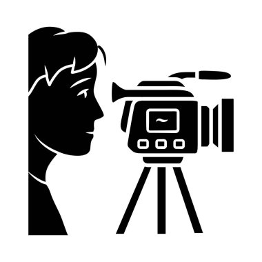 Kameraman glyph simgesi. Video kaydı, çekim. Kameralı kameralı operatör. Video muhabiri, muhabir. Film. Siluet sembolü. Negatif boşluk. Vektör izole illüstrasyon