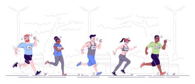 Maraton düz vektör illüstrasyon koşuyor. Koşucular parkta. Şehir ayak yarışı. Koşu yarışması. Spor aktivitesi. Beyaz arka planda izole çizgi film karakteri yolda Runners