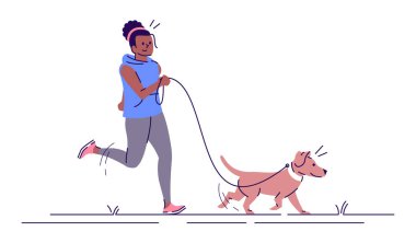 Köpek düz vektör illüstrasyon ile jogging kadın. Fitness, spor aktivitesi. Beyaz arka plan üzerinde anahat elemanları ile evcil hayvan izole çizgi film karakterleri ile çalışan çekici afrikalı-amerikalı kız