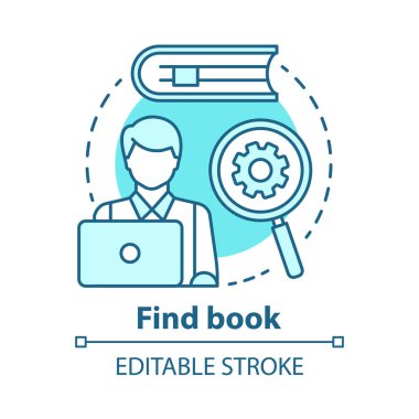 Kitap kavramı simgesini bulun. Elektronik arama fikri ince çizgi illüstrasyon. Edebiyat arama aracı, internet sörfü. Çevrimiçi kütüphane hizmeti. Vektör yalıtılmış anahat çizimi. Kullanılabilir kontur