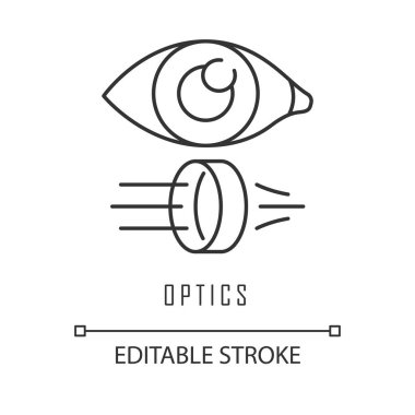 Optik lineer simge. Işık fiziği dalı. Optometri ve oftalmoloji bilimsel araştırma. Görünür spektrum. İnce çizgi çizimi. Kontur sembolü. Vektör yalıtılmış anahat çizimi. Kullanılabilir kontur