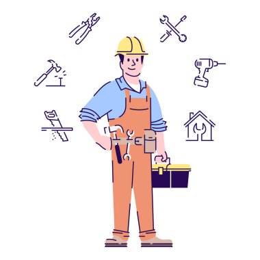 Handyman düz vektör karakteri. Tamirci, inşaat işçisi, araçları karikatür illüstrasyon beyaz arka plan üzerinde izole ile marangoz. Doğrusal simgelere sahip ev bakım ve onarım servis çalışanı