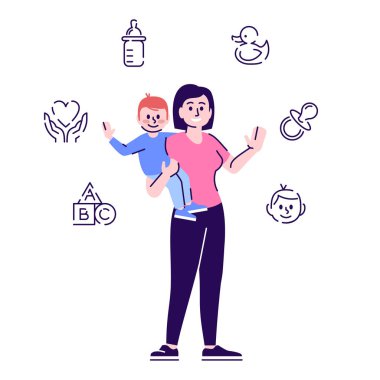 Dadı düz vektör karakteri. Bebek bakıcısı, anaokulu eğitimci karikatür illüstrasyon. Küçük oğlu beyaz arka planda izole edilmiş bir anne. Doğrusal simgeleri ile bebek tutan çocuk bakımı servis işçisi