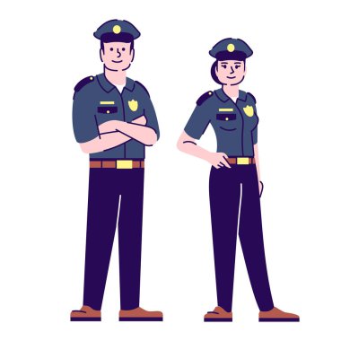 Polis ve polis düz vektör karakterleri. Polis memurları, anahat ile üniforma karikatür illüstrasyon polis. Şerifler, müfettişler. Güvenlik görevlisi, polis devriye işçileri beyaz izole