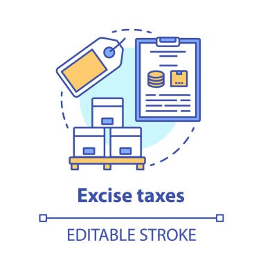 Tüketim vergileri kavram simgesi. Belirli mallar fikir ince çizgi illüstrasyon üzerinde yasal vergilendirme. Emtia, hizmet ve faaliyetlerden alınan vergi. Vektör yalıtılmış anahat çizimi. Kullanılabilir kontur