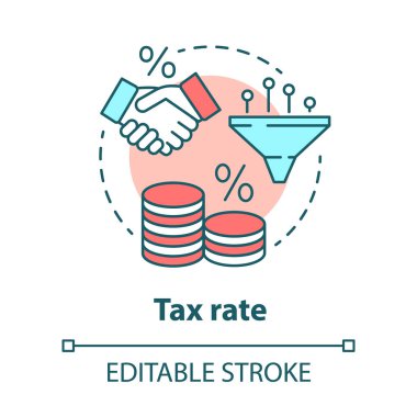 Vergi oranı kavramı simgesi. Vergiye tabi gelir fikri ince çizgi illüstrasyon. Gelirin yüzdesini devlete ödeyin. Vergi oranı hesaplaması, kar yüzdesi. Vektör yalıtılmış anahat çizimi. Kullanılabilir kontur