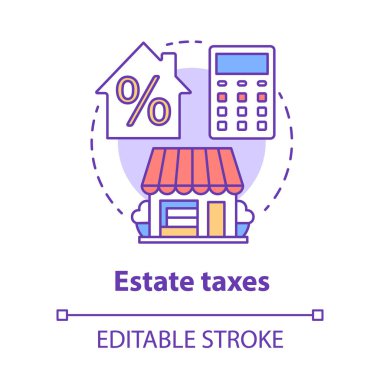 Emlak vergileri kavram simgesi. Finansal vergi fikri ince çizgi illüstrasyon. Veraset vergisi. Devralınan varlıklar, para ve mallar için yüzde ödeme. Vektör yalıtılmış anahat çizimi. Kullanılabilir kontur