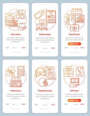 ABD vergi türleri kırmızı onboarding mobil uygulama sayfası ekran vektör şablonları ayarlayın. Hediye, tüketim, emlak vergilendirmesi. Doğrusal simgeleri içeren web sitesi adımları. Ux, Ui, Gui akıllı telefon arayüz konsepti