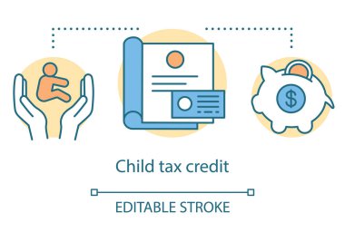 Çocuk vergi kredisi kavramı simgesi. Reşit olmayan fikir ince çizgi illüstrasyon için mali ödeme. Vergi mükelleflerine çocuk parası vermek. Kumbara. Vektör yalıtılmış anahat çizimi. Kullanılabilir kontur