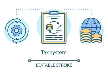 Vergi sistemi kavram simgesi. Mali ücret anlaşması fikir ince çizgi illüstrasyon. Devlet vergilendirmesi. Faiz oranı hesaplaması. Vergi denetimi. Vektör yalıtılmış anahat çizimi. Kullanılabilir kontur