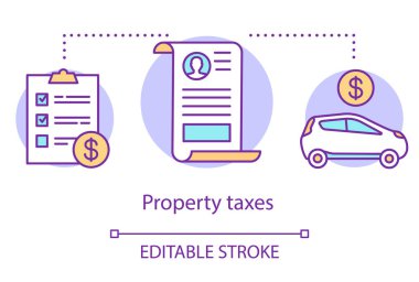 Emlak vergileri kavram simgesi. Mallarla ilgili finansal işlemin hesaplanması. fikir ince çizgi illüstrasyon. Otomobil vergilendirmesi. Katma değer vergisi. Vektör yalıtılmış anahat çizimi. Kullanılabilir kontur