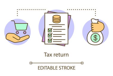 Vergi iadesi kavramı simgesi. Gelir belgeleri fikri ince satır illüstrasyon doldurma. Devlet gelirlerine katkı. Vergilendirme muhasebesi. Vektör yalıtılmış anahat çizimi. Kullanılabilir kontur