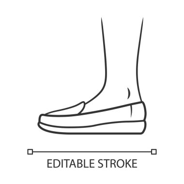 Mokasen çizgili simge. Kadınlar ve erkekler mocassin. Şık bir resmi ayakkabı tasarımı. Tek cinsiyetli ayakkabılar. Düzenlenebilir felç. İnce çizgili çizim. Contour sembolü. Vektör izole çizimi