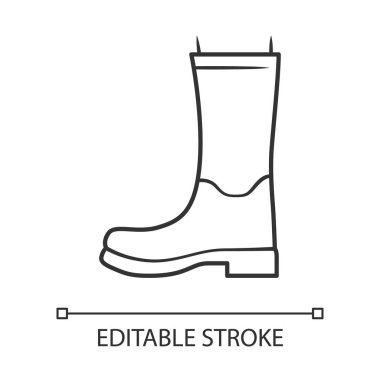 Kadınlar doğrusal simge çizerler. Sonbahar için lastik botlar, bahar yağmuru mevsimi. Wellingtonlar, modern ayakkabılar. Düzenlenebilir felç. İnce çizgili çizim. Contour sembolü. Vektör izole çizimi