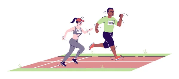 Man och kvinna kör på maraton spår platt vektor illustration. Konkurrenter. Atletisk pojke och flicka sprintning på stadion väg isolerade seriefigurer med kontur element på vit bakgrund — Stock vektor