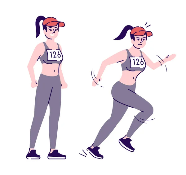 Иллюстрация плоского вектора марафона для женщин. Тренированная кавказская спортсменка. Конкурс выносливости. Стоячая и бегущая женщина изолированный персонаж мультфильма с элементами наброска на белом фоне — стоковый вектор
