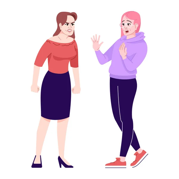 Women arguing flat vector illustration. Quarrel girlfriends. Rage and fear. Two friends having emotional conflict, dispute isolated cartoon characters with outline elements on white background — Stock Vector