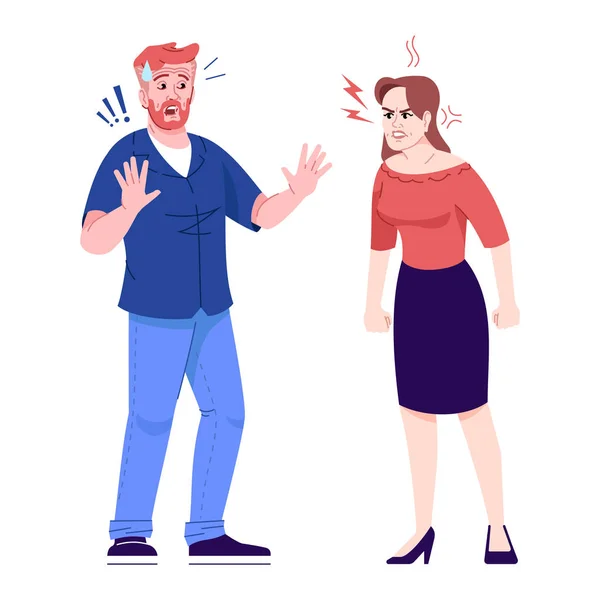 Couple quarrel flat vector illustration. Emotional family conflict. Domestic violence against men. Angry woman and defending man isolated cartoon characters with outline elements on white background — Stock Vector