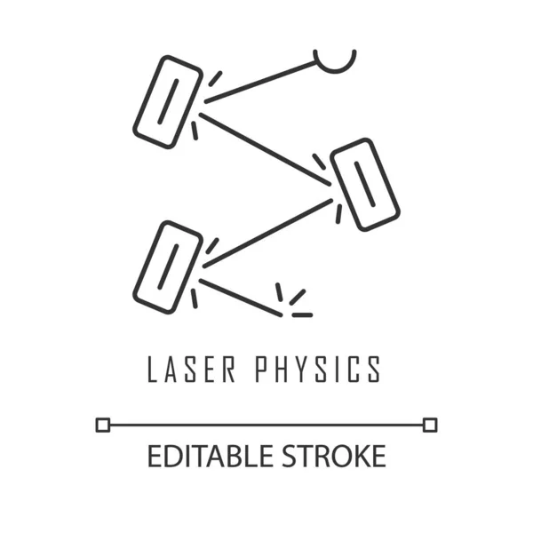 Laser physics linear icon. Quantum electronics, laser construction, optical cavity. Light reflection. Thin line illustration. Contour symbol. Vector isolated outline drawing. Editable stroke — Stock Vector