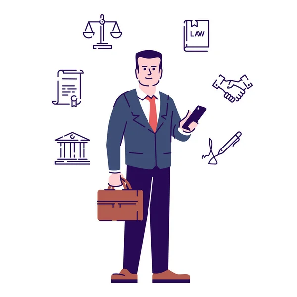 Lawyer flat vector character. Advocate cartoon illustration with outline. Jurist, juridical consultant, legal adviser holding smartphone and briefcase isolated on white background with linear icons — Stock Vector