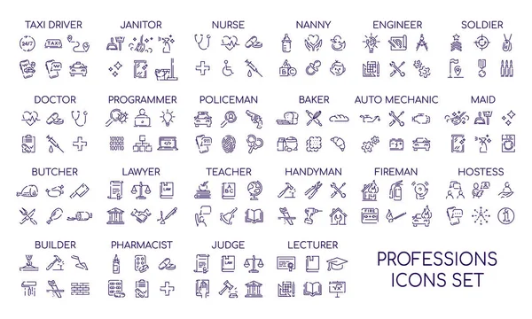 Professions linear big icons set. Occupations items and objects. Career thin line contour symbols collections. Professional workers tools and equipment bundle. Isolated vector outline illustrations — Stock Vector