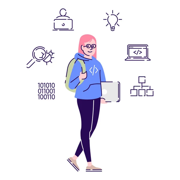 Символ плоского вектора программиста. Мбаппе и веб-разработчик, гик, держащий в руках ноутбук с карикатурной иллюстрацией с очертаниями и фасадами. Женщина-кодер, ИТ-работница изолированы на белом фоне — стоковый вектор