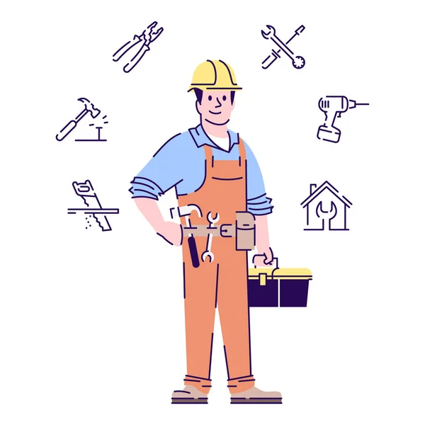 Klusjesman platte vector karakter. Reparman, bouwvakker, timmerman met gereedschap cartoon illustratie geïsoleerd op witte achtergrond. Thuis onderhoud en reparatie service worker met lineaire pictogrammen — Stockvector