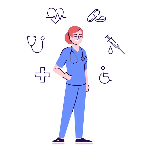Sjuksköterska platt vektor karaktär. Medicinsk vaktmästare tecknad illustration med kontur och linjära ikoner. Professionell vårdgivare. Kvinnlig läkare, terapeut, allmänläkare isolerad på vit bakgrund — Stock vektor