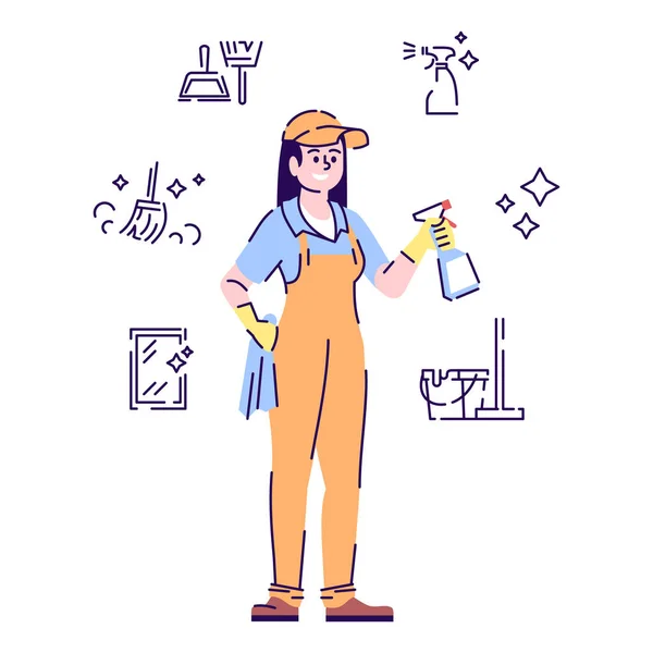 Cleaner flat vector character. Female janitor, housekeeper cartoon illustration with linear icons and outline. Housekeeping, housework chores. Cleaning service worker isolated on white background — Stock Vector