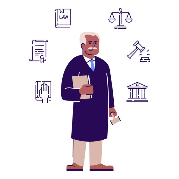 Δικαστής επίπεδη διανυσματικό χαρακτήρα. Αφρικανός Αμερικανός ανώτερος δικηγόρος, συνηγορεί εικονογράφηση κινουμένων σχεδίων με περίγραμμα. Νομικός σύμβουλος, δικαστικός σύμβουλος, δικαστικός λειτουργός απομονωμένος σε λευκές και γραμμικές εικόνες — Διανυσματικό Αρχείο