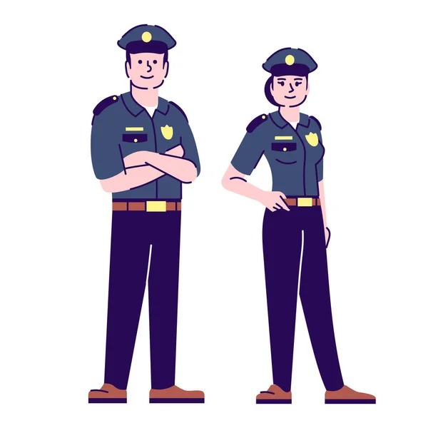 Полицейский и женщина-полицейский плоские векторные персонажи. Офицеры полиции, полицейский в униформе, рисунок с контуром. Шерифы, инспекторы. Охранник, патрульные, изолированные на белом — стоковый вектор