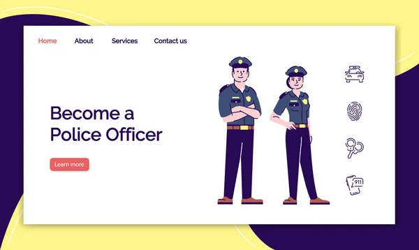 Diventa agente di polizia modello vettoriale pagina di destinazione. Idea di interfaccia del sito web con illustrazioni piatte. Pagina iniziale dell'accademia di polizia. Guardia di sicurezza, banner web di pattuglia, concetto di cartone animato pagina web — Vettoriale Stock