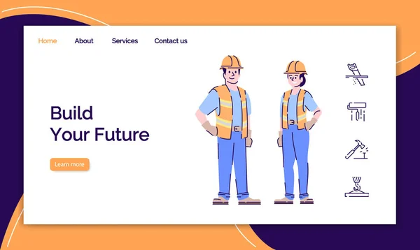 Building Service Landing Page Vektor-Vorlage. Bauherren und Auftragnehmer Website Schnittstelle Idee mit flachen Illustrationen. Bauarbeiter gestalten die Homepage. Web-Banner, Webseite Cartoon-Konzept — Stockvektor