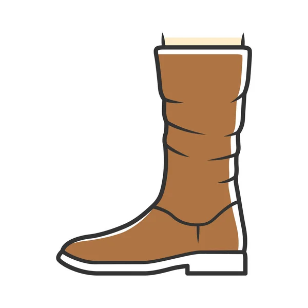 Women calf boots brown color icon. Leather shoes side view. Female flat heel footwear design for fall, spring and winter season. Apparel, ladies clothing accessory. Isolated vector illustration — Stock Vector