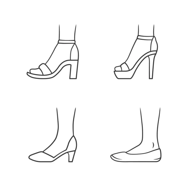 Ženské formální boty jsou nastaveny jako lineární. Samičí elegantní obuv s vysokým podpatkem. Klasická čerpadla, ballerinas, sandály. Upravitelný tah. Symboly obrysů s tenkou čárou. Ilustrace izolovaných vektorových obrysů — Stockový vektor