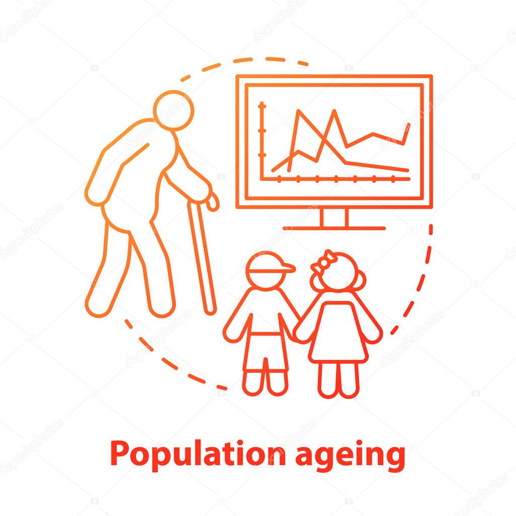 Population ageing concept icon. Elderly people number increasing on planet idea thin line illustration in red. Demographic problems with lack of youth. Vector isolated outline drawing