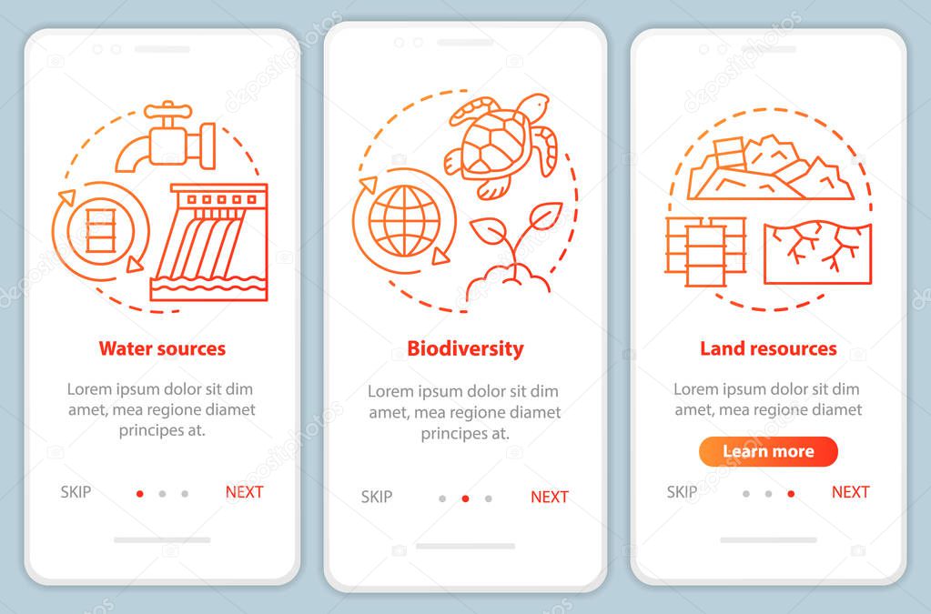 Earth resources onboarding mobile app page screen vector template. Water sources, biodiversity. Walkthrough website steps with linear illustrations in red. UX, UI, GUI smartphone interface concept