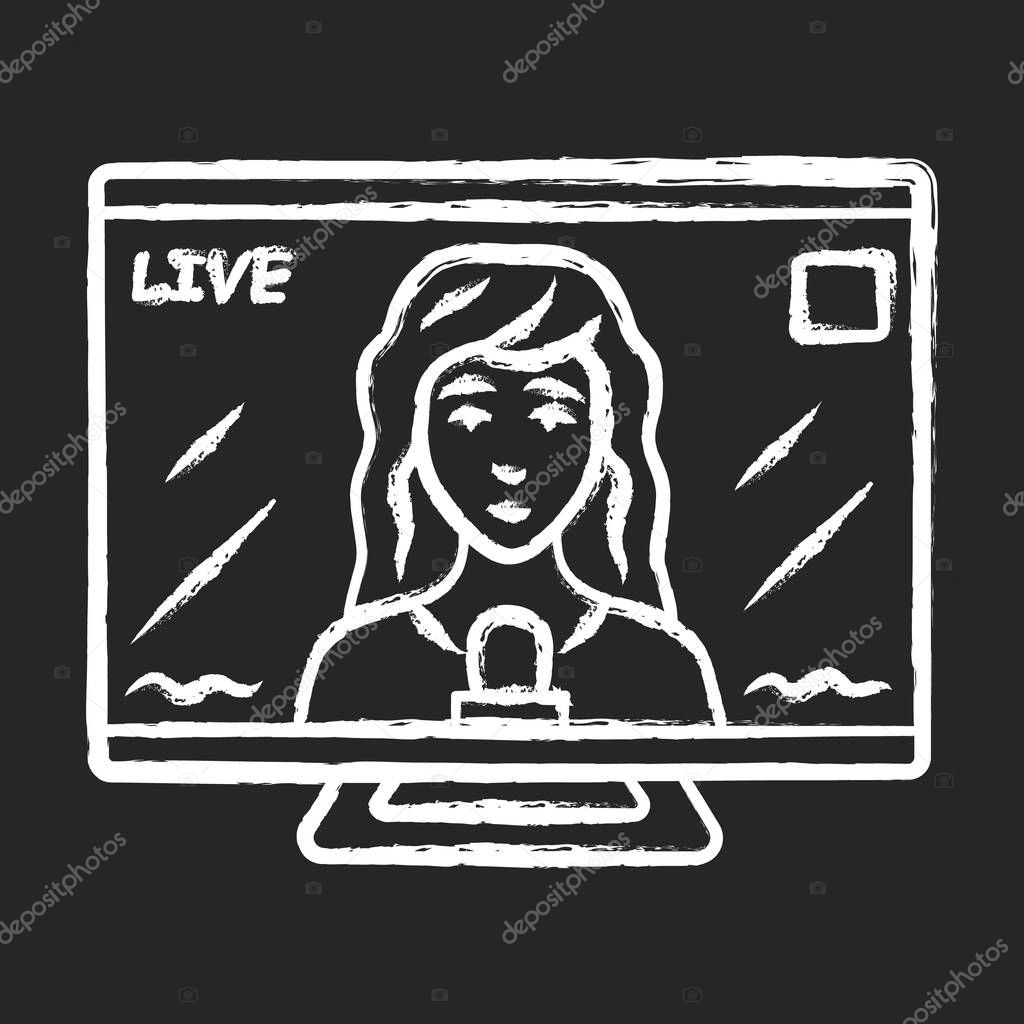 Reporter woman on TV chalk icon. Female journalist, interviewer reporting breaking news live. Newscast. Newswoman on TV screen. Isolated vector chalkboard illustration