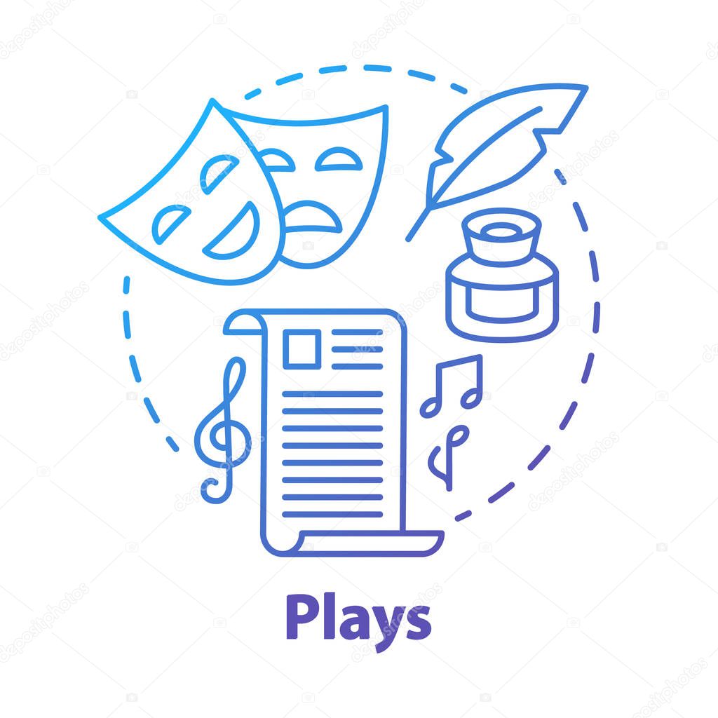 Plays blue concept icon. Drama theatre & screenplay idea thin line illustration. Theatrical script & musical accompaniment. Dramatist, scenario. Classic literature. Vector isolated outline drawing