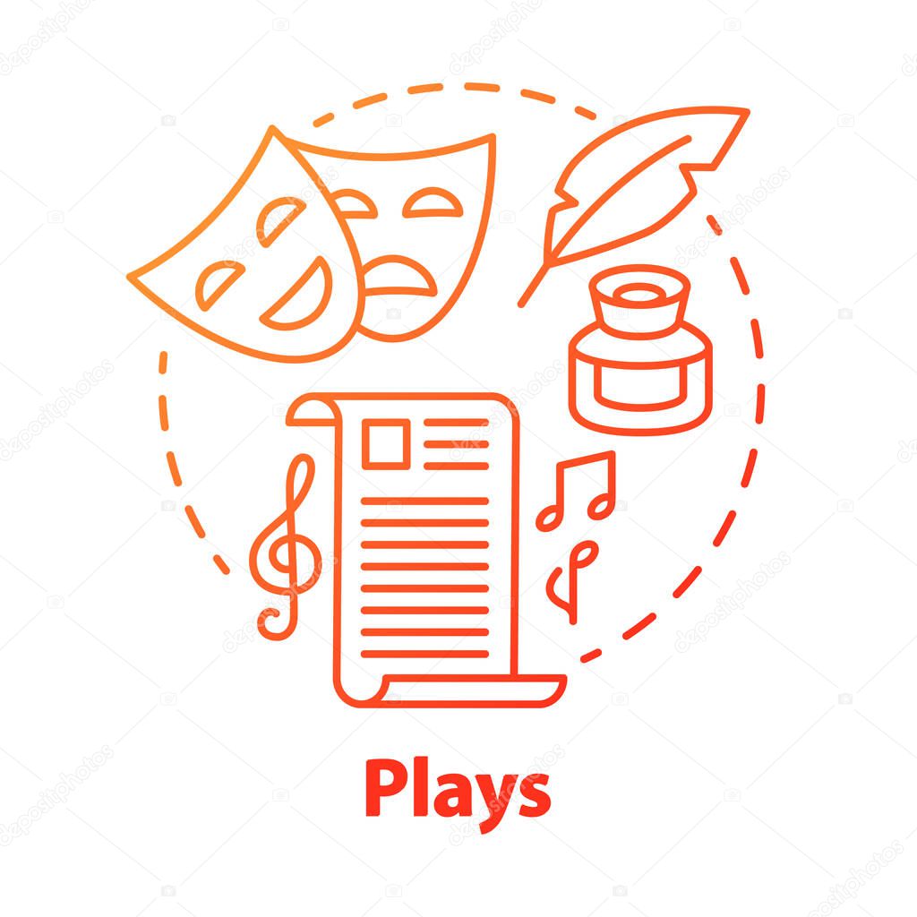 Plays red concept icon. Drama theatre & screenplay idea thin line illustration. Theatrical script & musical accompaniment. Dramatist, scenario. Classic literature. Vector isolated outline drawing