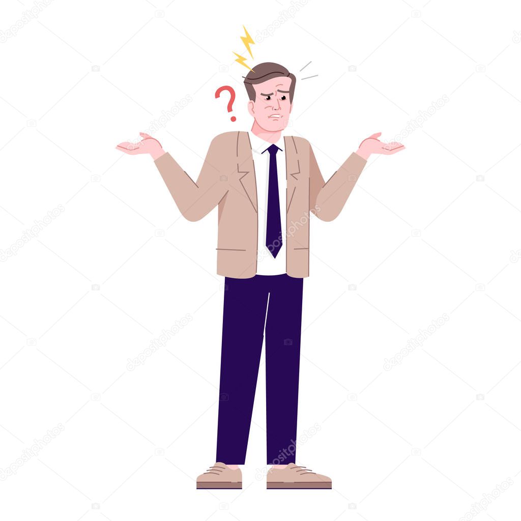 Annoyed man flat vector illustration. Negative human emotions facial expression. Confused, frustrated guy. Angry and puzzled worker isolated cartoon character with outline elements on white background