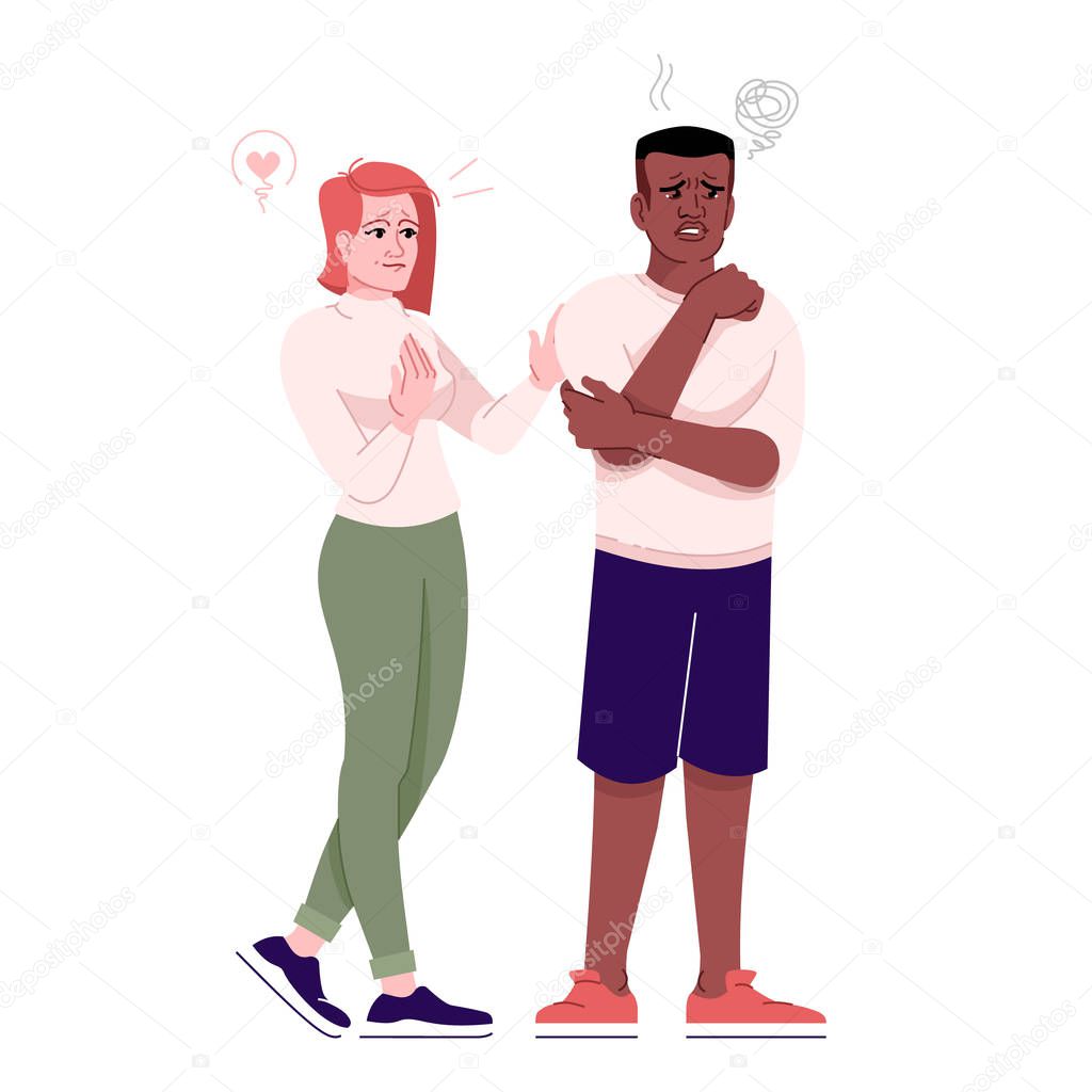 Friendly support flat vector illustration. Apologizing after quarrel. Girl care for guy suffering. Woman condolences to man isolated cartoon characters with outline elements on white background
