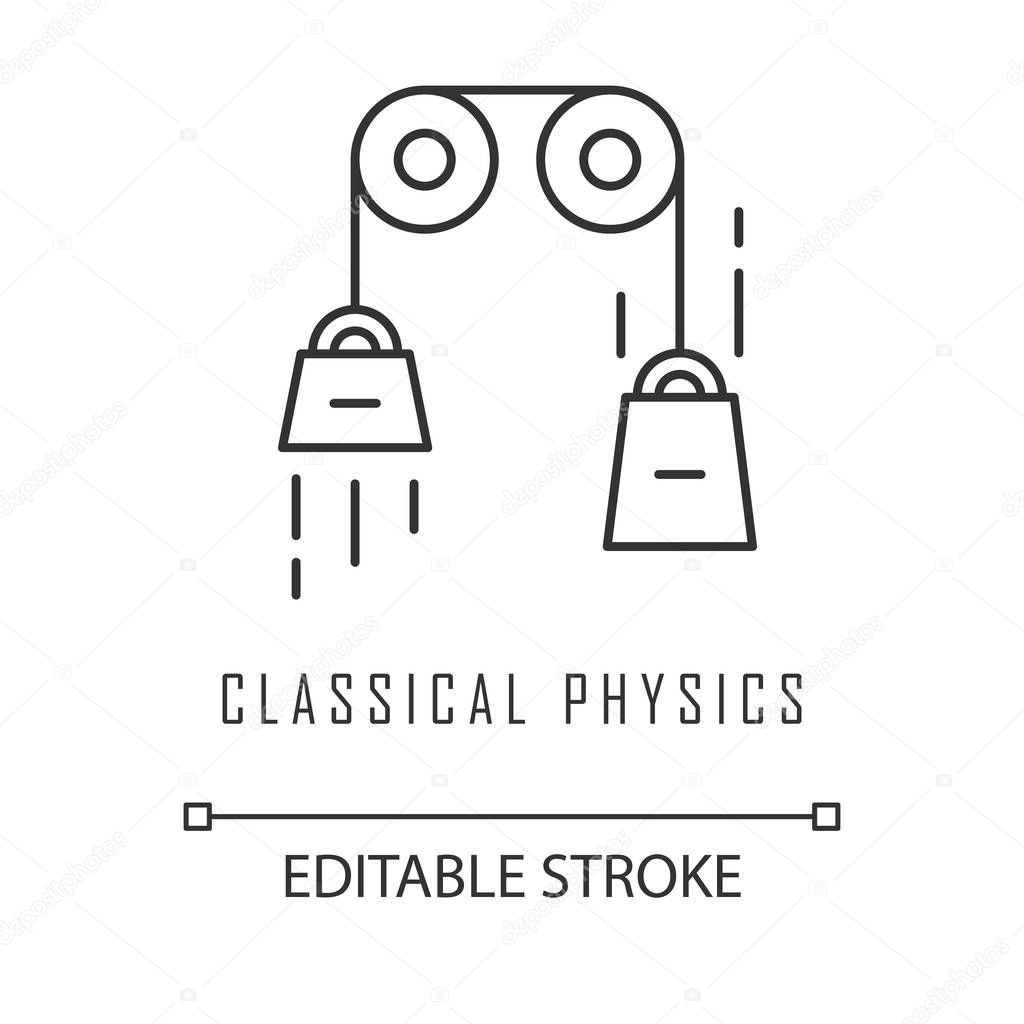 Classical physics linear icon. Laws of motion and gravitation. Theoretical kinematics physical experiment. Thin line illustration. Contour symbol. Vector isolated outline drawing. Editable stroke