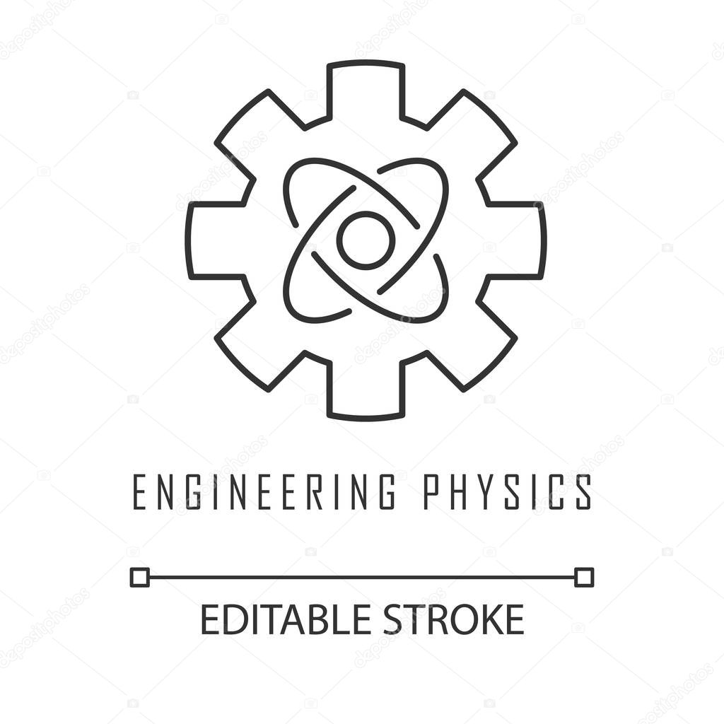 Engineering physics linear icon. Cogwheel and atom structure model. Mechanical engineering. Nano technologies. Thin line illustration. Contour symbol. Vector isolated outline drawing. Editable stroke