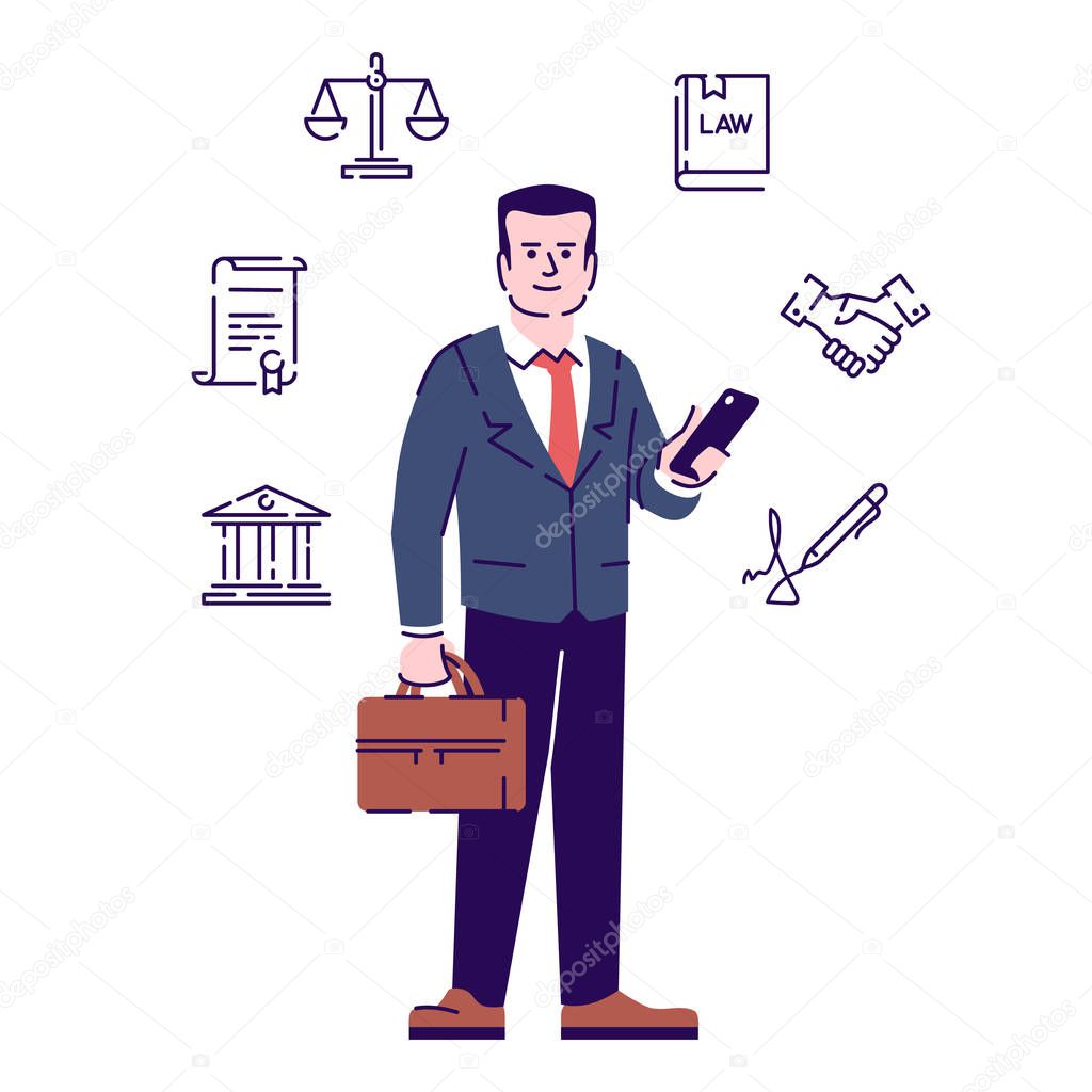 Lawyer flat vector character. Advocate cartoon illustration with outline. Jurist, juridical consultant, legal adviser holding smartphone and briefcase isolated on white background with linear icons