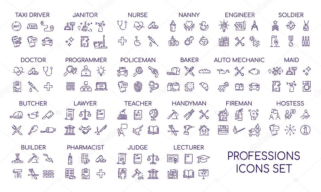 Professions linear big icons set. Occupations items and objects. Career thin line contour symbols collections. Professional workers tools and equipment bundle. Isolated vector outline illustrations