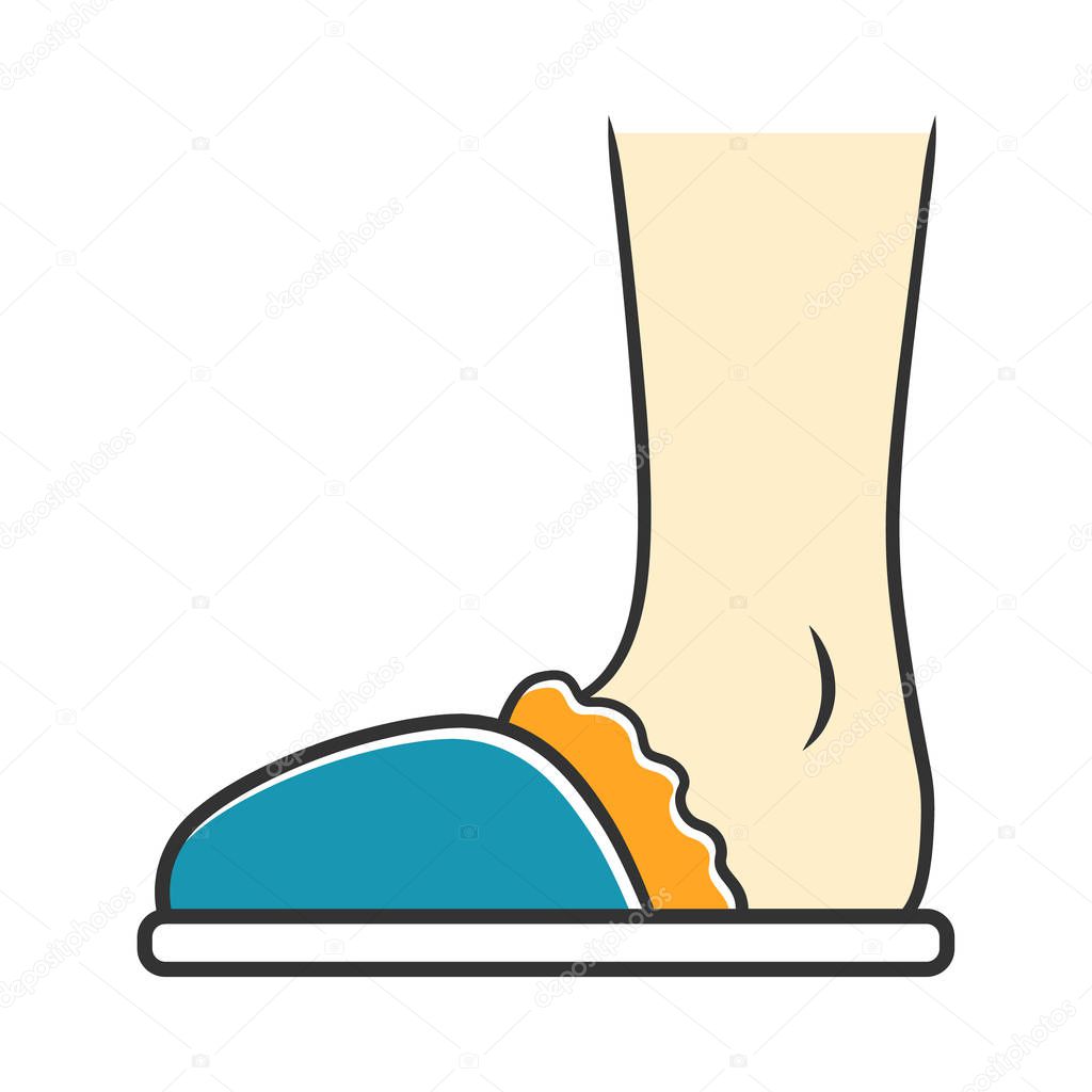House slippers blue color icon. Woman home footwear, garment design. Female fluffy cozy shoes side view. Ladies comfortable and soft clothing accessory. Isolated vector illustration